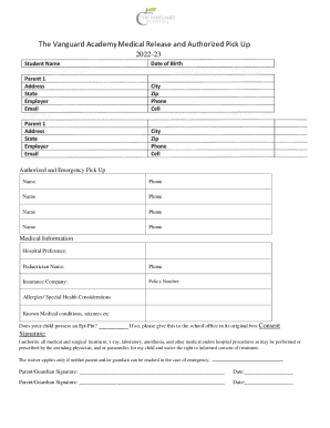 Fillable Online The Vanguard AcademyMedical Release and Authorized Pick ...