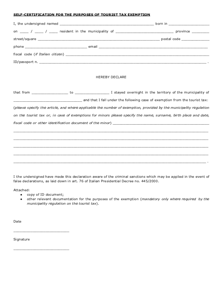 Fillable Online Self certification For The Purposes Of Tourist Tax