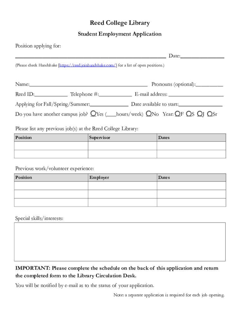 Fillable Online library reed Student Employment Application Reed Library Fax Email Print