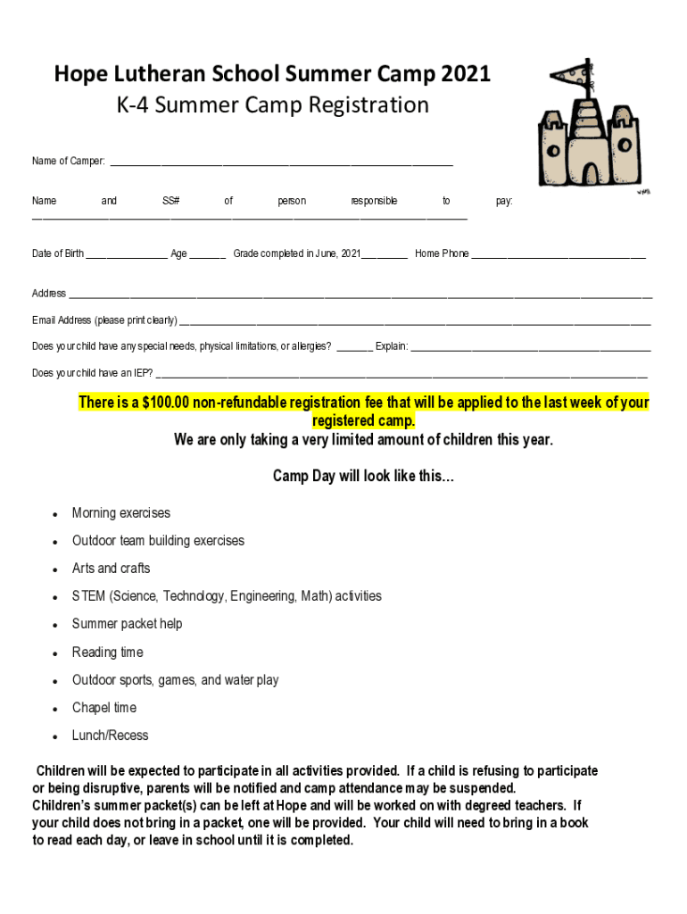 Fillable Online Summer Camp - Hope Academy Virginia Beach Fax Email ...