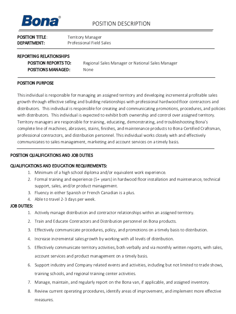 Fillable Online Territory Manager Job Description Template Fax Email