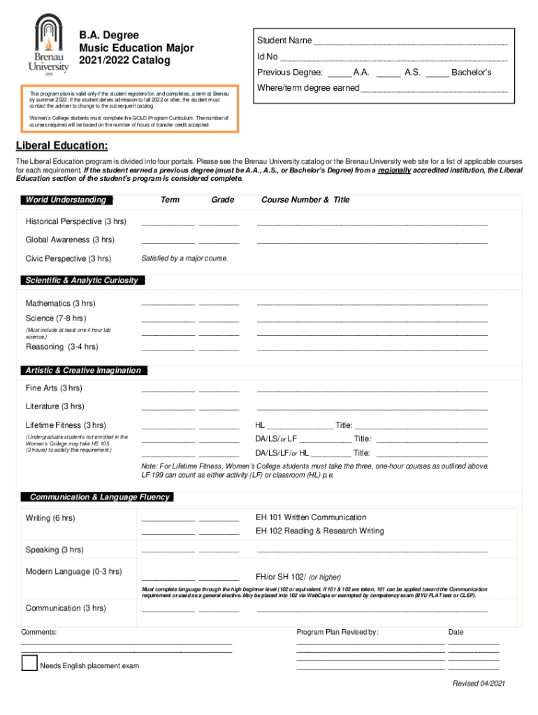 Fillable Online archive brenau Minor Program Sheet 2021/2022 catalog