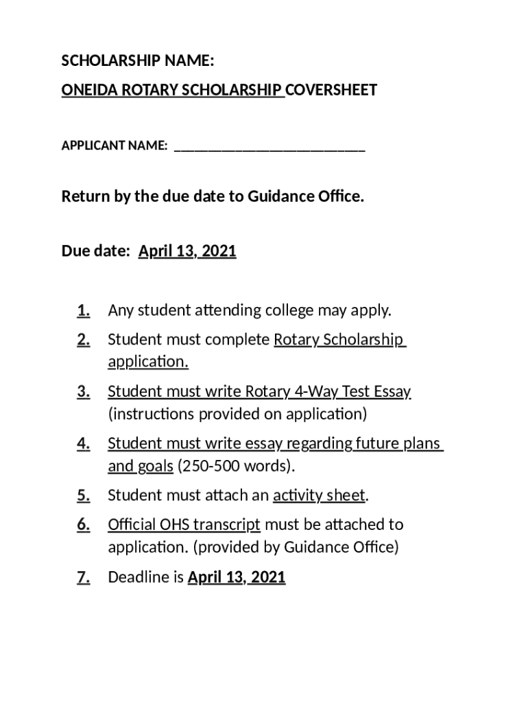 Fillable Online oneida rotary scholarship coversheet Fax Email Print