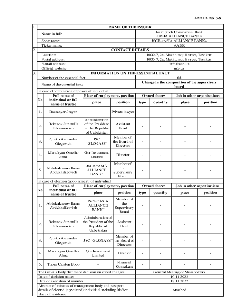 Fillable Online ANNEX No 3 8 1 NAME OF THE ISSUER Name In Full