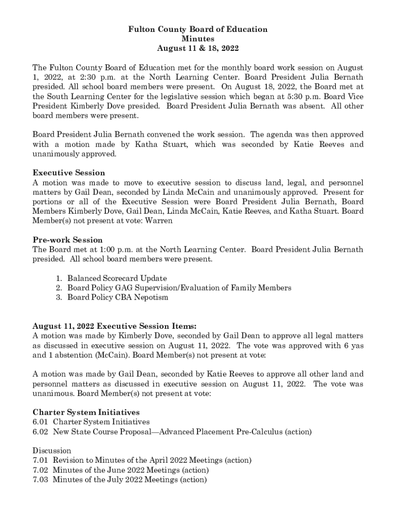 Fillable Online The Fulton County Board of Education met for the