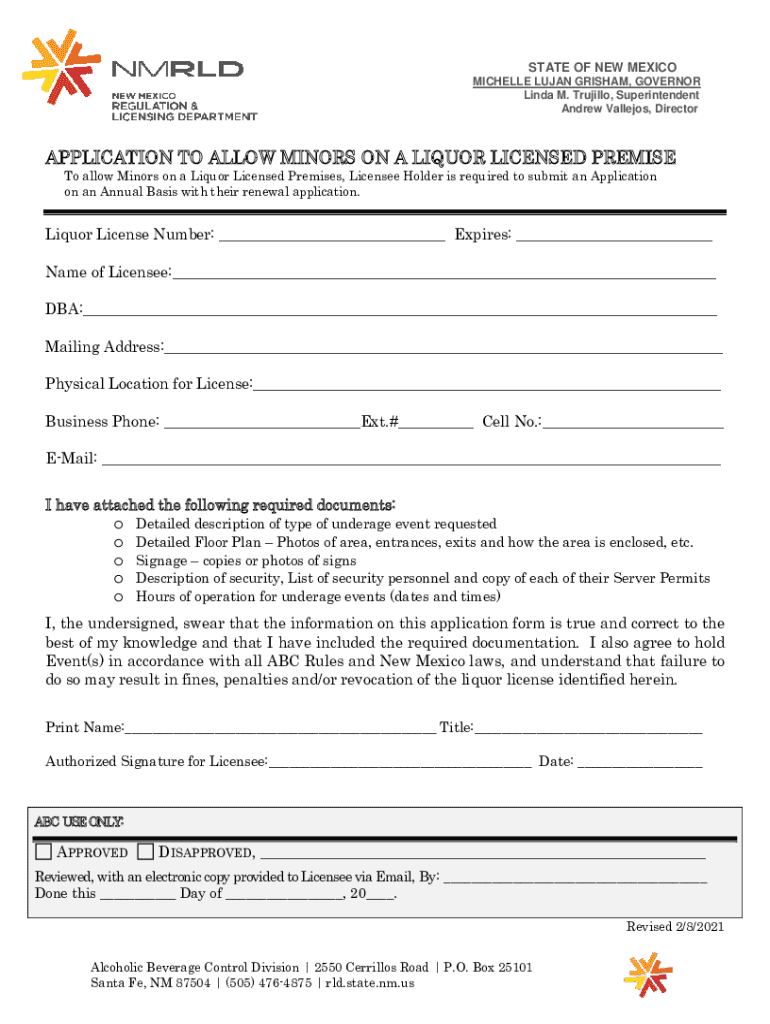 Fillable Online APPLICATION TO ALLOW MINORS ON A LIQUOR LICENSED 