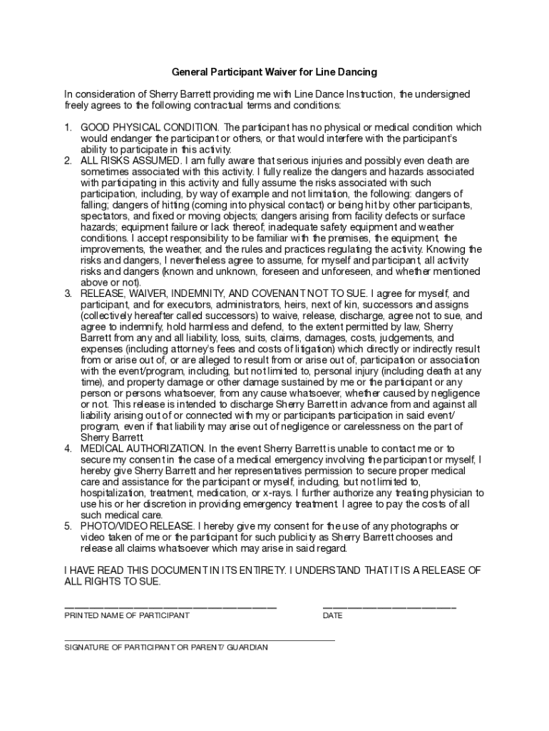 Fillable Online General Participant Waiver for Line Dancing Sherry