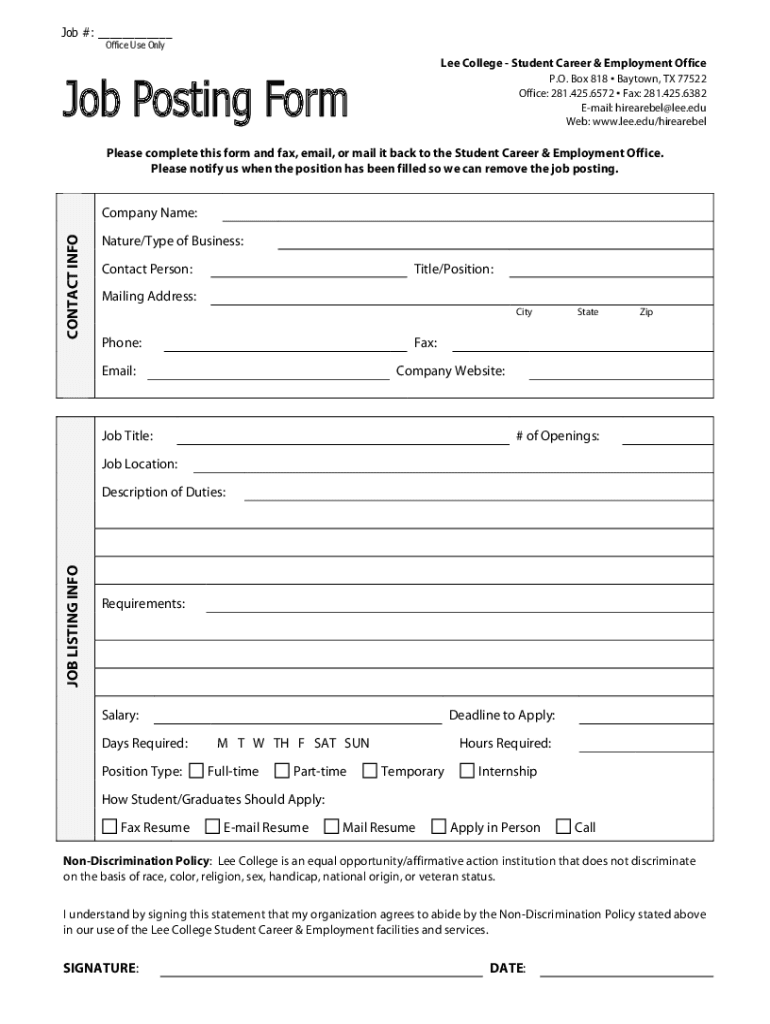 Fillable Online Job Posting Form. Job Posting Form Fax Email Print