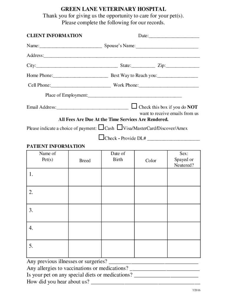 Fillable Online Green Lane Veterinary Hospital HomeVeterinarian in Green Fax Email Print