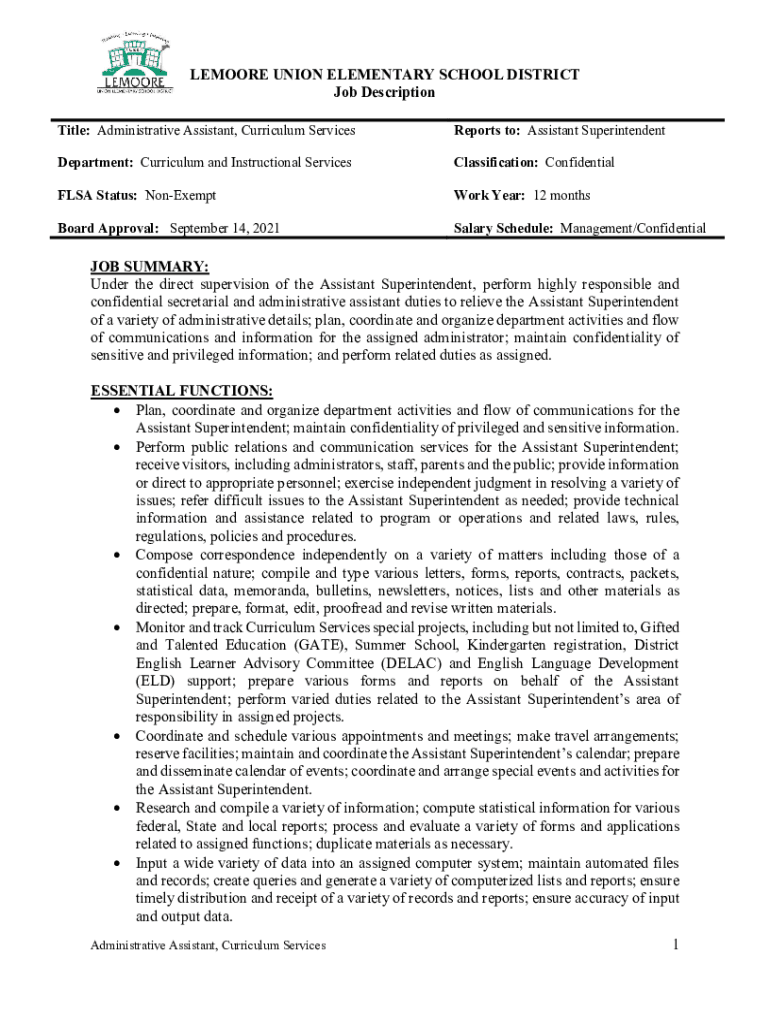 Fillable Online Job Descriptions for Lemoore Union Elementary School