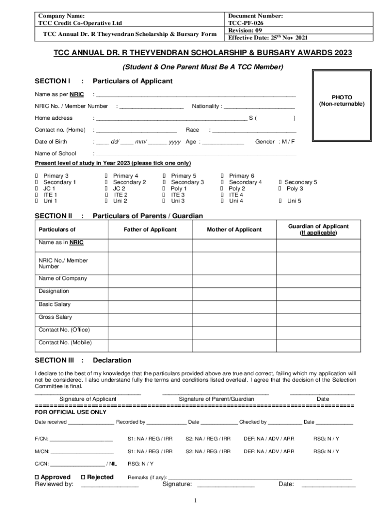 Fillable Online TCCAnnualScholarshipBursaryApplicationForm2023