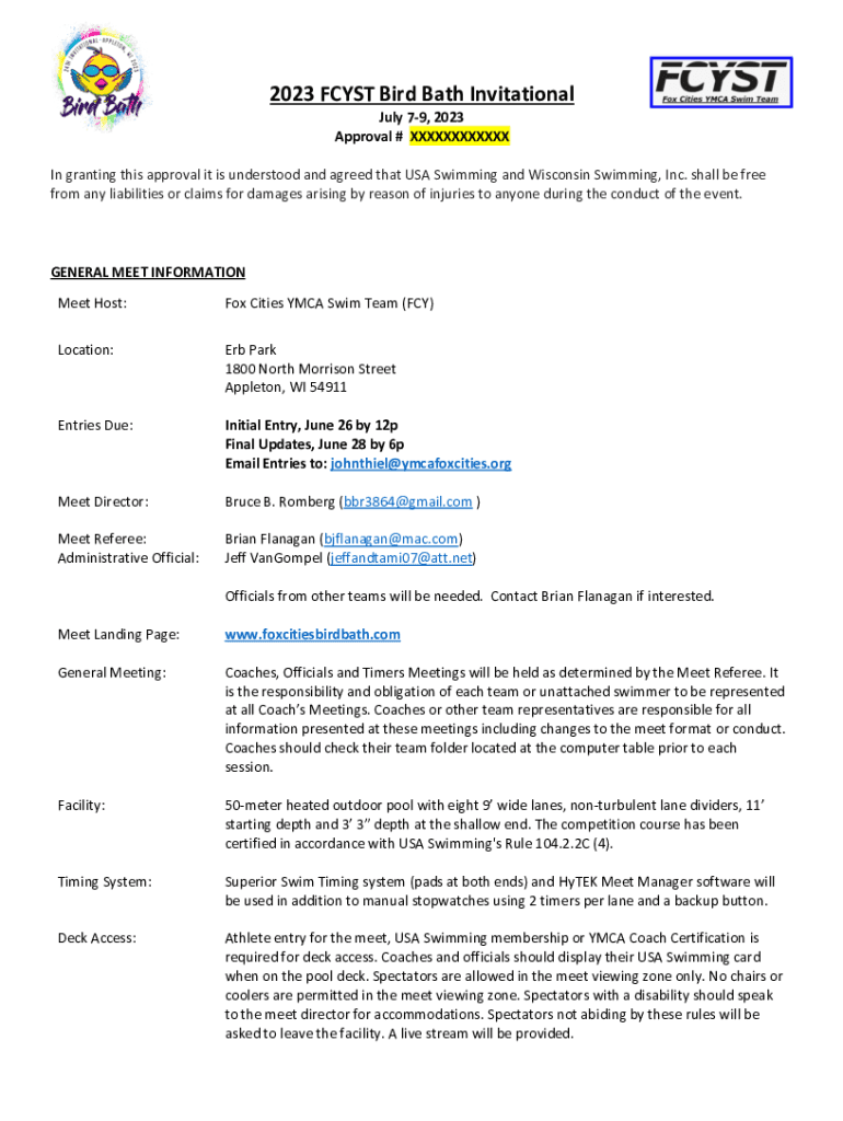 Fillable Online Fox Cities YMCA Swim Team Bird Bath Invitational Fax