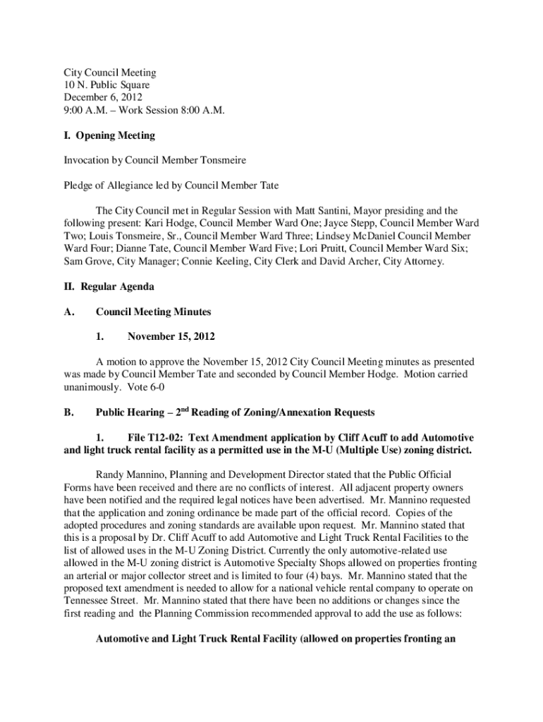 Fillable Online Sam Grove, City Manager; Connie Keeling, City Clerk and