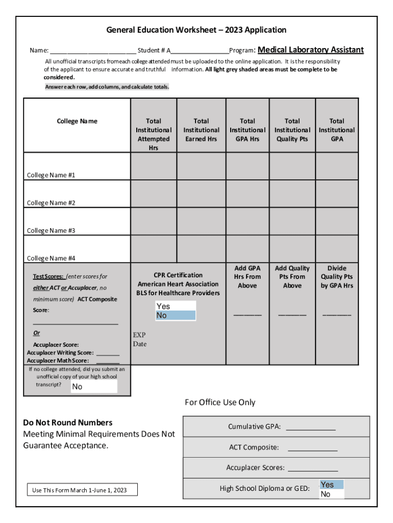 Fillable Online General Education Worksheet2023 Application Program Fax