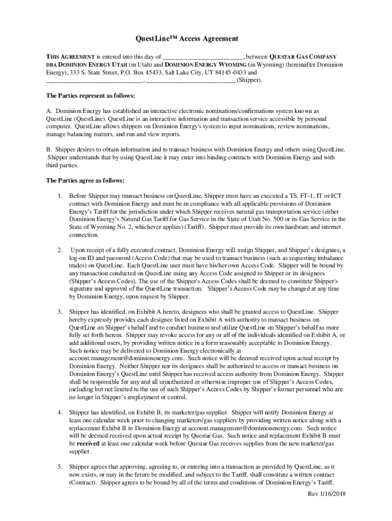 Fillable Online Amendment to QuestLine Access Agreement Dominion