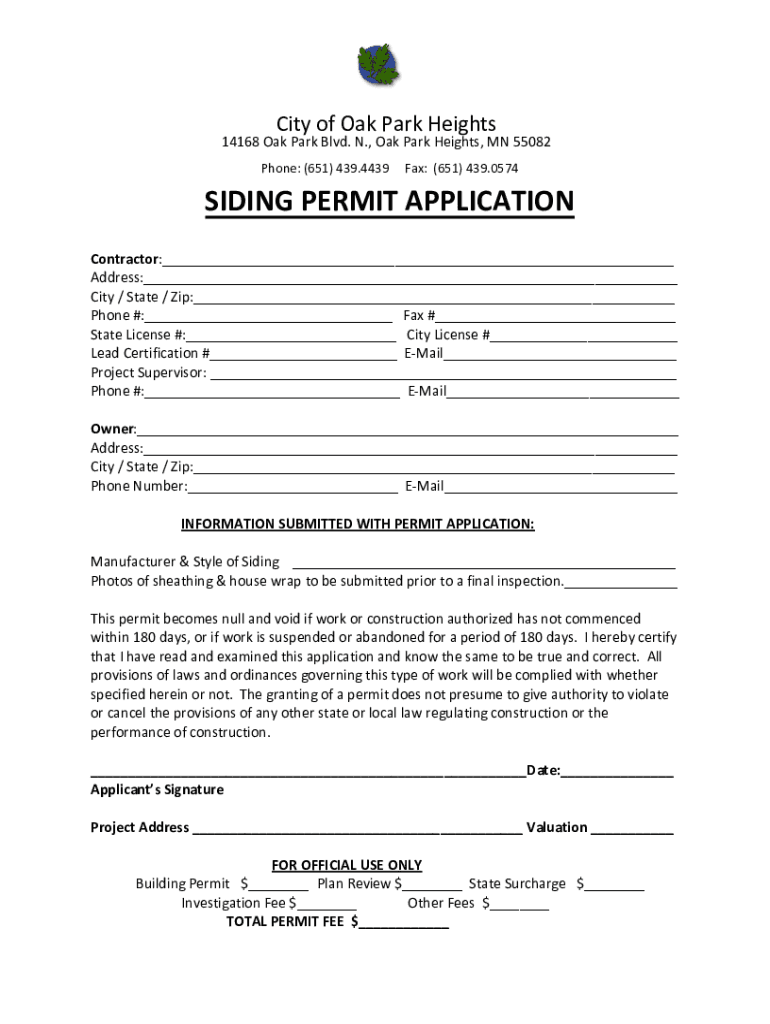 Fillable Online SIDING PERMIT APPLICATION Fax Email Print pdfFiller
