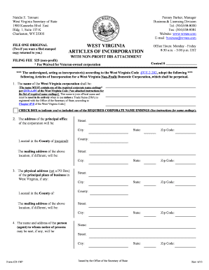 West Virginia Articles of Incorporation Non-Profit