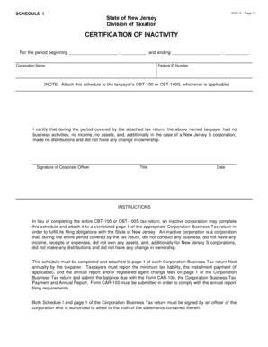 New Jersey Certification of Inactivity