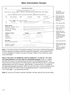 IRS Form 1040 Main Information Screen Instructions