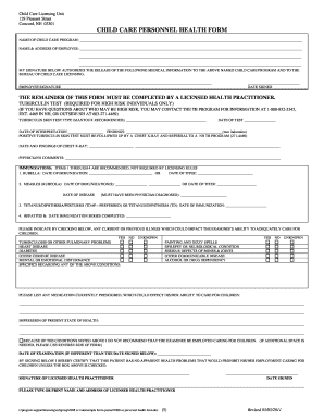 Child Care Personnel Health Form