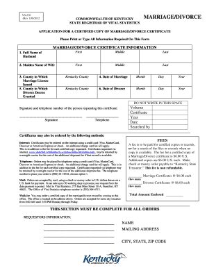 Kentucky Marriage/Divorce Certificate Application