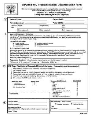Maryland WIC Program Medical Documentation Form