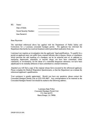 Louisiana Concealed Handgun Permit Medical Disposition Questionnaire