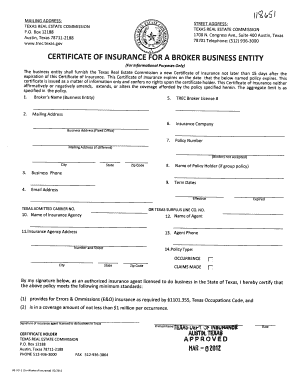 Texas Certificate of Insurance for Broker Business Entity