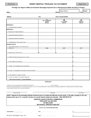Oregon Winery Monthly Privilege Tax Statement