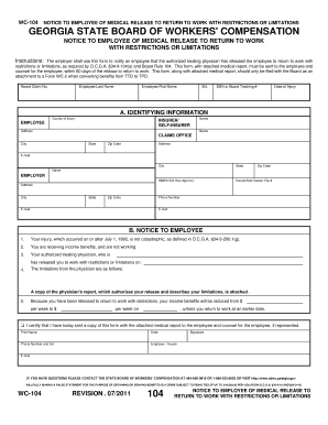 Georgia WC-104 Notice to Employee of Medical Release to Return to Work