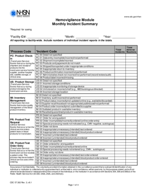 CDC Hemovigilance Monthly Incident Summary Form