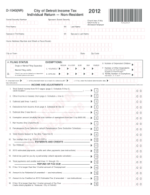 City of Detroit Income Tax Form D-1040NR 2012