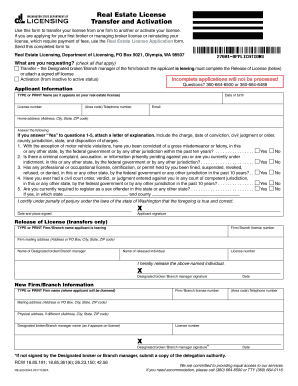 Washington Real Estate License Transfer and Activation Form