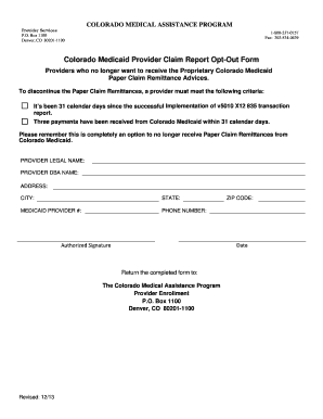 Colorado Medicaid Provider Claim Report Opt-Out Form