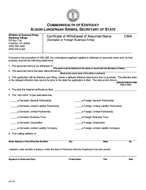 Kentucky Certificate of Withdrawal of Assumed Name
