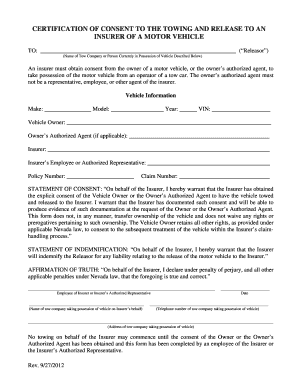 Certification of Consent to Towing and Release to Insurer