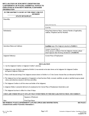 Declaration of Judgment Creditor for Garnishment of Wages