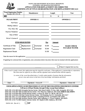 Maryland Vessel Title Replacement Application