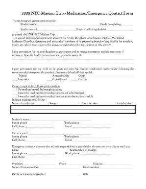 Emergency contact form for school - NYC 2008 Mission Trip Medication-Emergency Contact Form.doc - mcfarlandlutheran