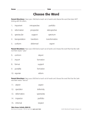 Word Study Vocabulary Worksheet