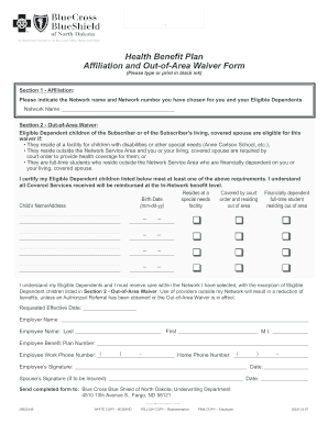 Health Benefit Plan Affiliation and Out-of-Area Waiver Form