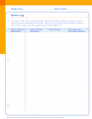 Child Health Care Phone Log