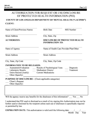 MH 602 Authorization for PHI Disclosure