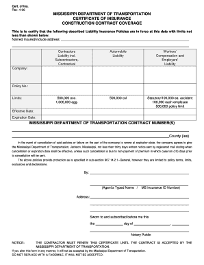 Mississippi Certificate of Insurance