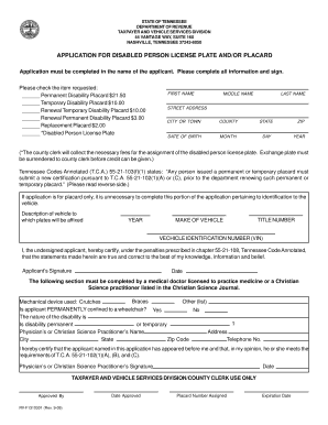 Tennessee Disabled Person License Plate and Placard Application