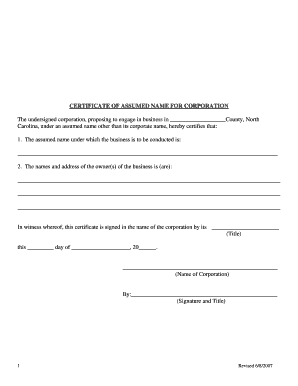 Certificate of Assumed Name for Corporation