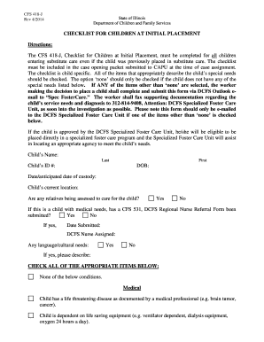CFS 418-J Checklist for Children at Initial Placement