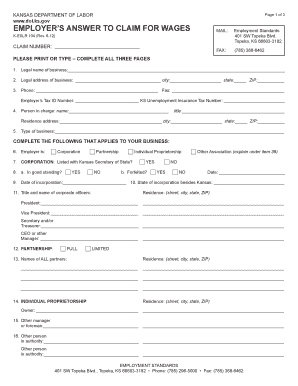 Kansas Employer’s Answer to Claim for Wages