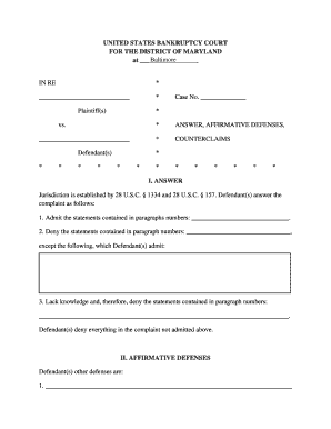 US Bankruptcy Court Answer Form