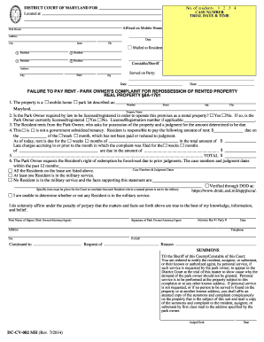 Failure to Pay Rent Complaint for Repossession